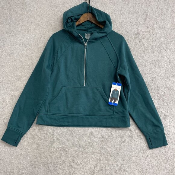 NEW Danskin Womens Mixed Rib Cozy Half Zip Hoodie L Fleece Blue Teal - Picture 3 of 10